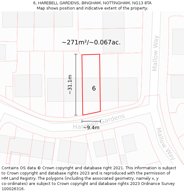 6, HAREBELL GARDENS, BINGHAM, NOTTINGHAM, NG13 8TA: Plot and title map