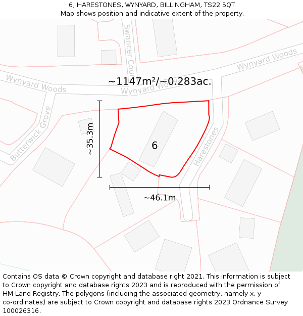 6, HARESTONES, WYNYARD, BILLINGHAM, TS22 5QT: Plot and title map