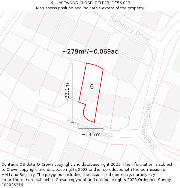 6, HAREWOOD CLOSE, BELPER, DE56 0FB: Plot and title map