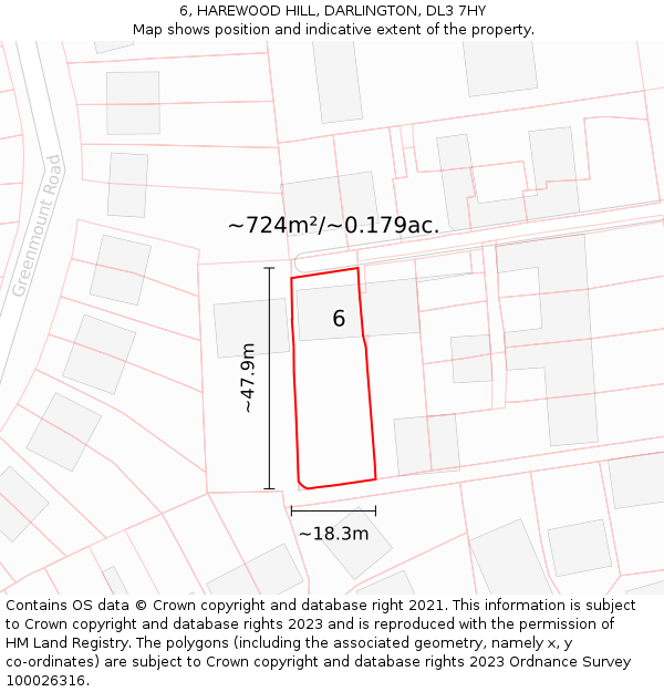 6, HAREWOOD HILL, DARLINGTON, DL3 7HY: Plot and title map