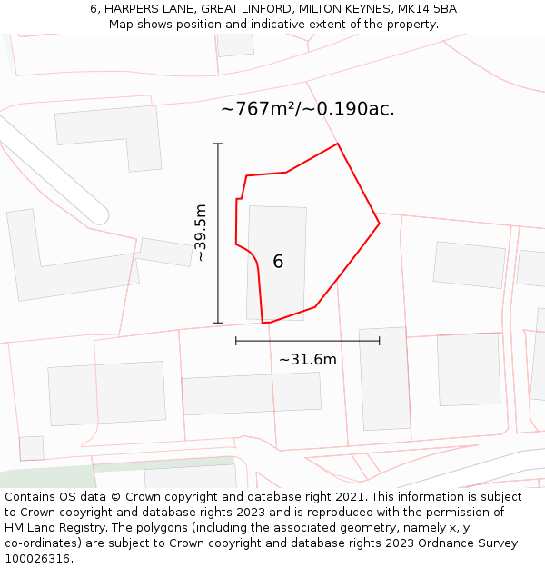 6, HARPERS LANE, GREAT LINFORD, MILTON KEYNES, MK14 5BA: Plot and title map