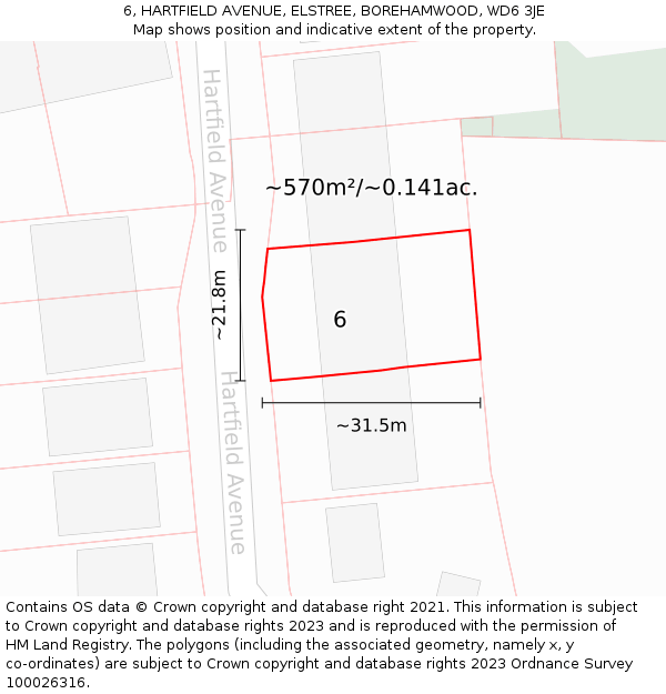 6, HARTFIELD AVENUE, ELSTREE, BOREHAMWOOD, WD6 3JE: Plot and title map