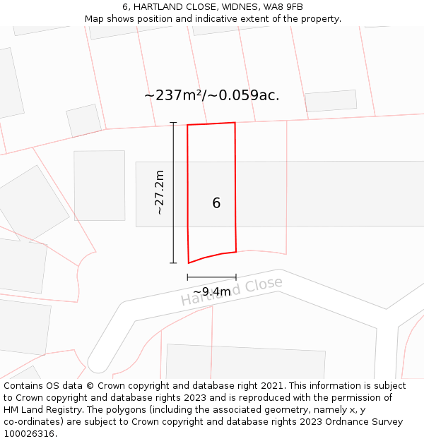 6, HARTLAND CLOSE, WIDNES, WA8 9FB: Plot and title map