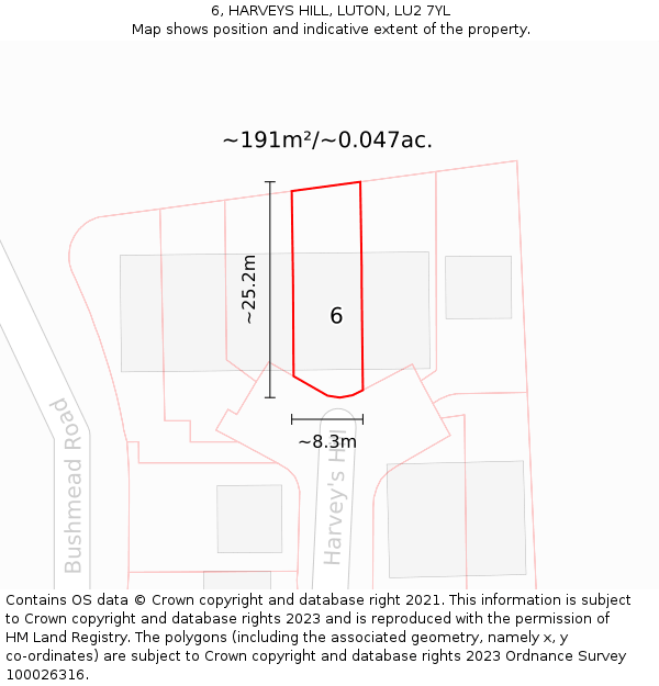 6, HARVEYS HILL, LUTON, LU2 7YL: Plot and title map