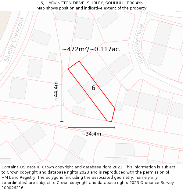 6, HARVINGTON DRIVE, SHIRLEY, SOLIHULL, B90 4YN: Plot and title map