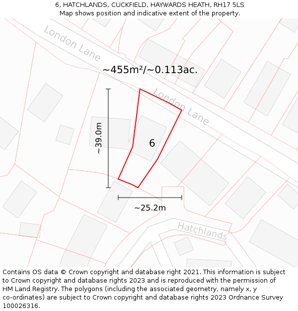 6, HATCHLANDS, CUCKFIELD, HAYWARDS HEATH, RH17 5LS: Plot and title map