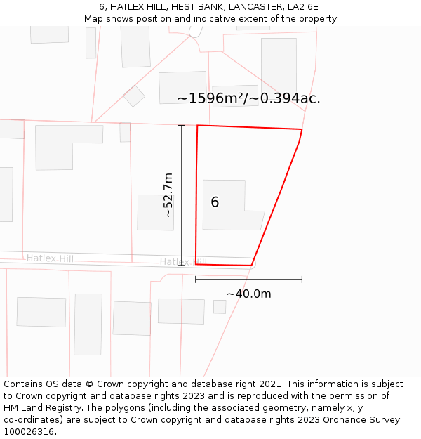 6, HATLEX HILL, HEST BANK, LANCASTER, LA2 6ET: Plot and title map