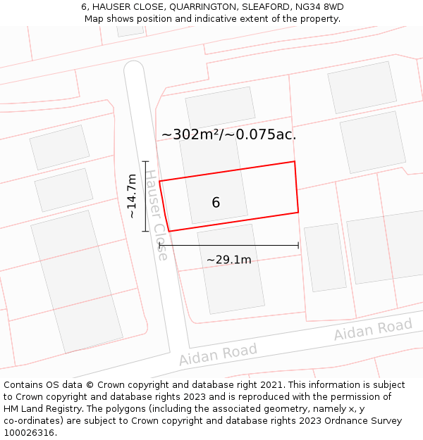 6, HAUSER CLOSE, QUARRINGTON, SLEAFORD, NG34 8WD: Plot and title map