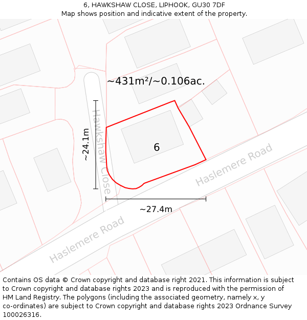 6, HAWKSHAW CLOSE, LIPHOOK, GU30 7DF: Plot and title map