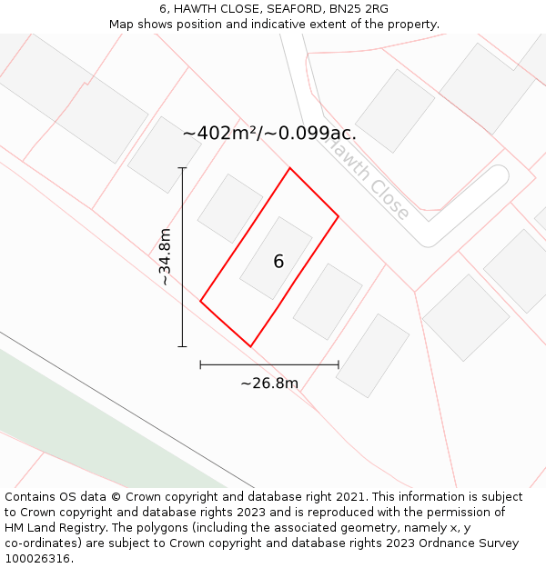 6, HAWTH CLOSE, SEAFORD, BN25 2RG: Plot and title map