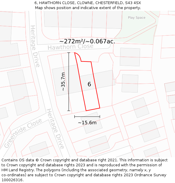 6, HAWTHORN CLOSE, CLOWNE, CHESTERFIELD, S43 4SX: Plot and title map