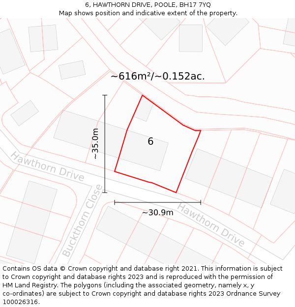 6, HAWTHORN DRIVE, POOLE, BH17 7YQ: Plot and title map