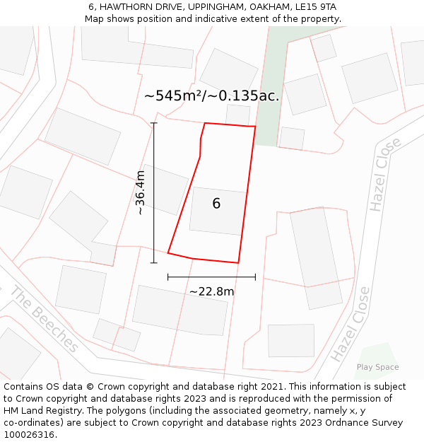 6, HAWTHORN DRIVE, UPPINGHAM, OAKHAM, LE15 9TA: Plot and title map