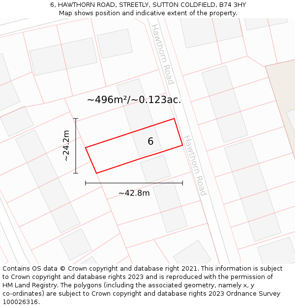 6, HAWTHORN ROAD, STREETLY, SUTTON COLDFIELD, B74 3HY: Plot and title map