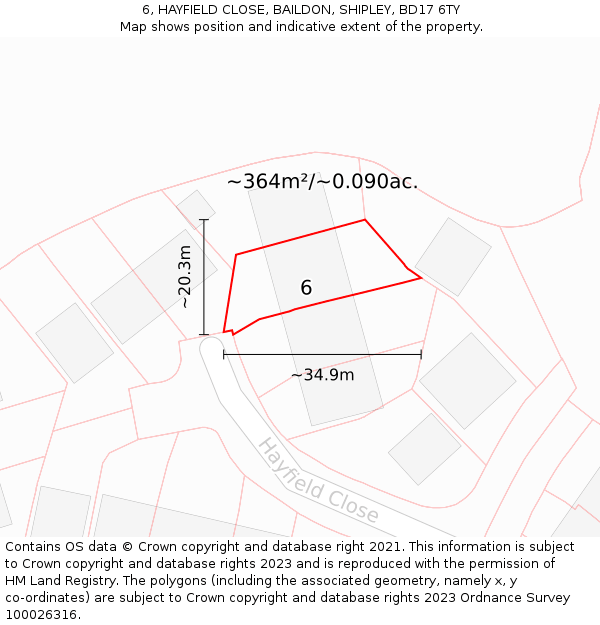 6, HAYFIELD CLOSE, BAILDON, SHIPLEY, BD17 6TY: Plot and title map