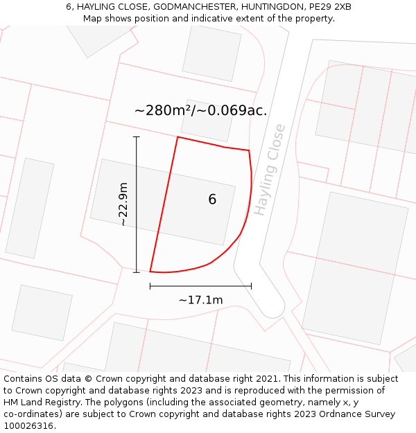 6, HAYLING CLOSE, GODMANCHESTER, HUNTINGDON, PE29 2XB: Plot and title map