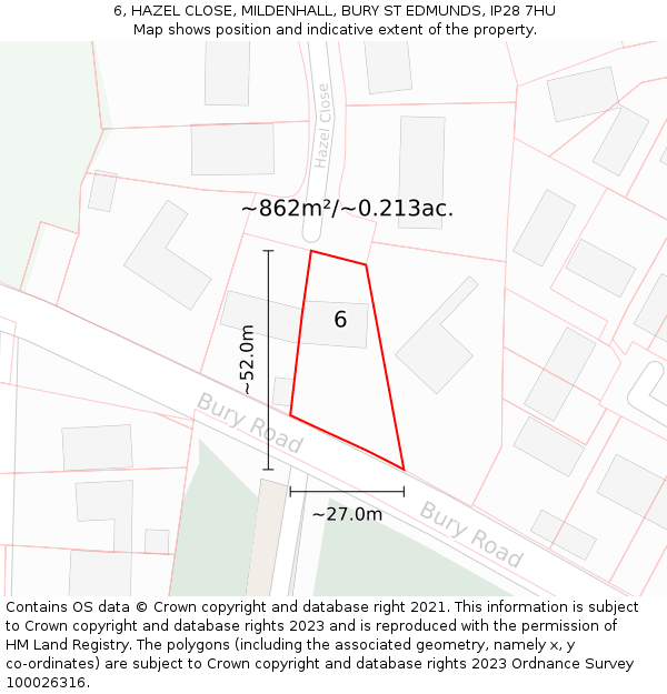 6, HAZEL CLOSE, MILDENHALL, BURY ST EDMUNDS, IP28 7HU: Plot and title map