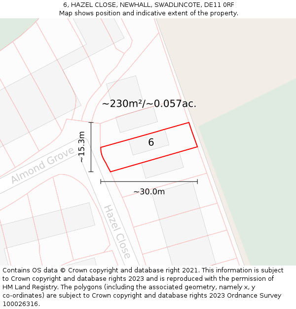 6, HAZEL CLOSE, NEWHALL, SWADLINCOTE, DE11 0RF: Plot and title map