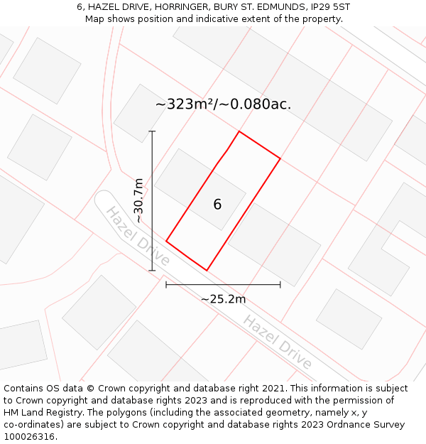 6, HAZEL DRIVE, HORRINGER, BURY ST. EDMUNDS, IP29 5ST: Plot and title map