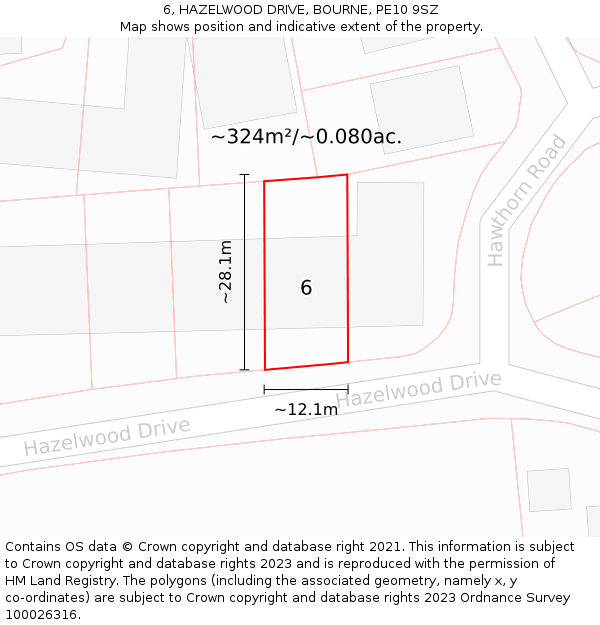 6, HAZELWOOD DRIVE, BOURNE, PE10 9SZ: Plot and title map