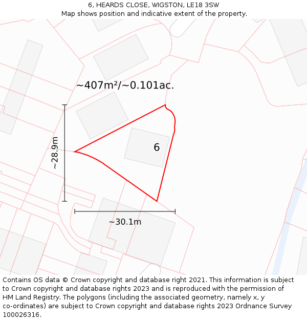 6, HEARDS CLOSE, WIGSTON, LE18 3SW: Plot and title map