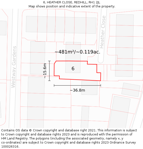 6, HEATHER CLOSE, REDHILL, RH1 2JL: Plot and title map
