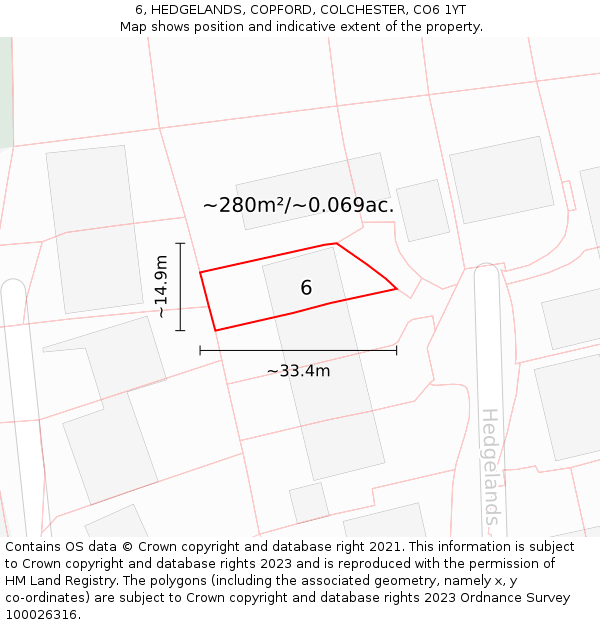 6, HEDGELANDS, COPFORD, COLCHESTER, CO6 1YT: Plot and title map