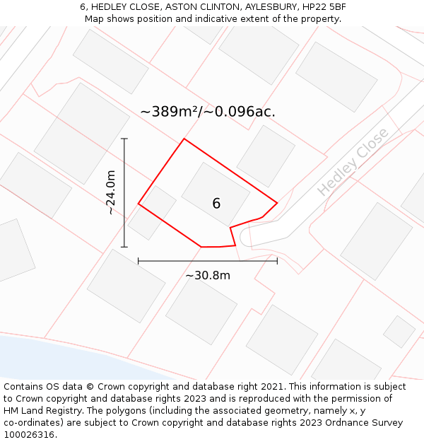 6, HEDLEY CLOSE, ASTON CLINTON, AYLESBURY, HP22 5BF: Plot and title map