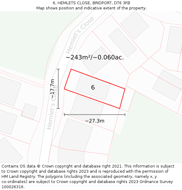 6, HEMLETS CLOSE, BRIDPORT, DT6 3FB: Plot and title map