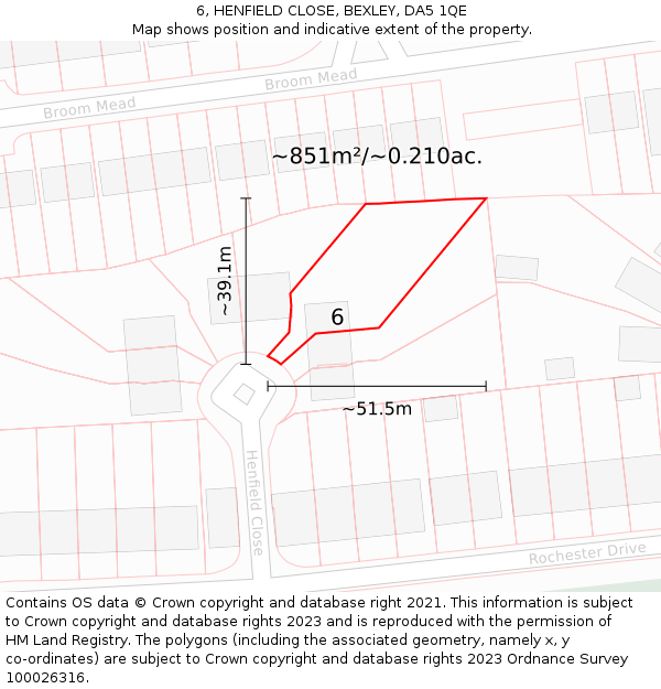 6, HENFIELD CLOSE, BEXLEY, DA5 1QE: Plot and title map