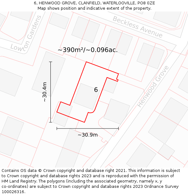 6, HENWOOD GROVE, CLANFIELD, WATERLOOVILLE, PO8 0ZE: Plot and title map