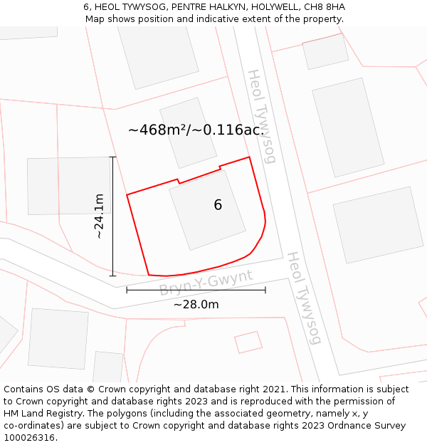 6, HEOL TYWYSOG, PENTRE HALKYN, HOLYWELL, CH8 8HA: Plot and title map