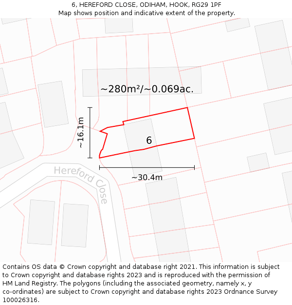 6, HEREFORD CLOSE, ODIHAM, HOOK, RG29 1PF: Plot and title map