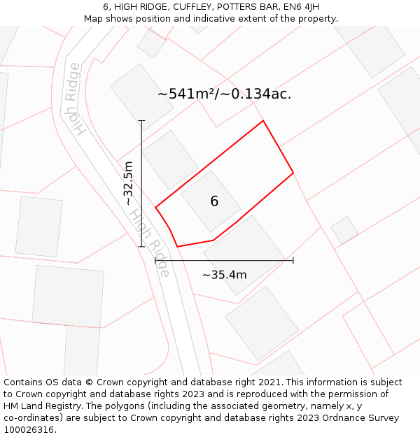 6, HIGH RIDGE, CUFFLEY, POTTERS BAR, EN6 4JH: Plot and title map