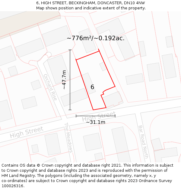 6, HIGH STREET, BECKINGHAM, DONCASTER, DN10 4NW: Plot and title map