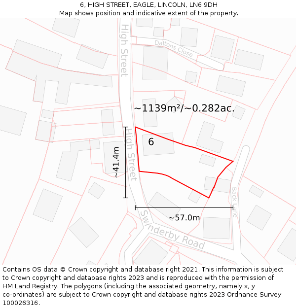 6, HIGH STREET, EAGLE, LINCOLN, LN6 9DH: Plot and title map