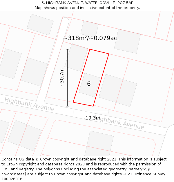 6, HIGHBANK AVENUE, WATERLOOVILLE, PO7 5AP: Plot and title map