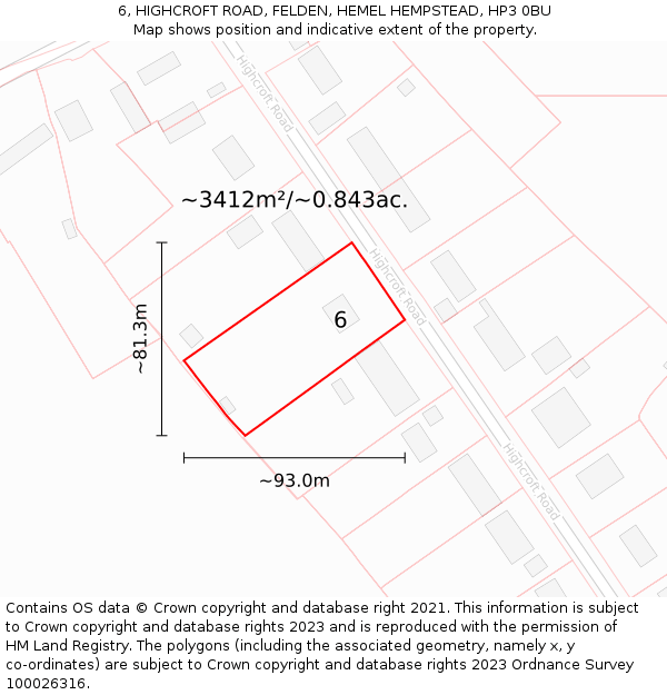 6, HIGHCROFT ROAD, FELDEN, HEMEL HEMPSTEAD, HP3 0BU: Plot and title map