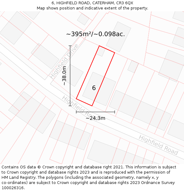 6, HIGHFIELD ROAD, CATERHAM, CR3 6QX: Plot and title map