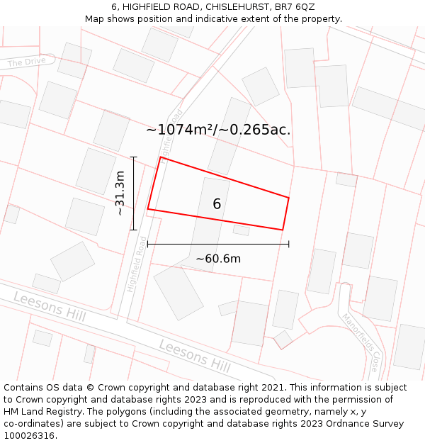 6, HIGHFIELD ROAD, CHISLEHURST, BR7 6QZ: Plot and title map