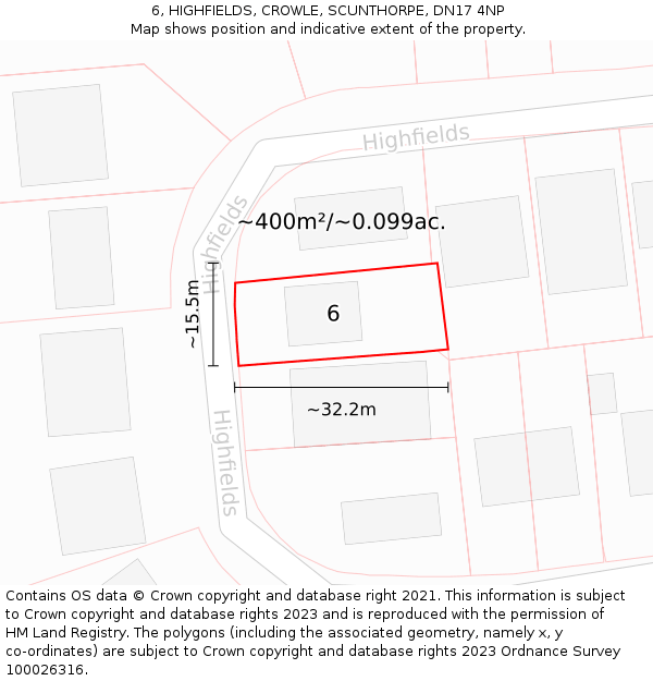 6, HIGHFIELDS, CROWLE, SCUNTHORPE, DN17 4NP: Plot and title map