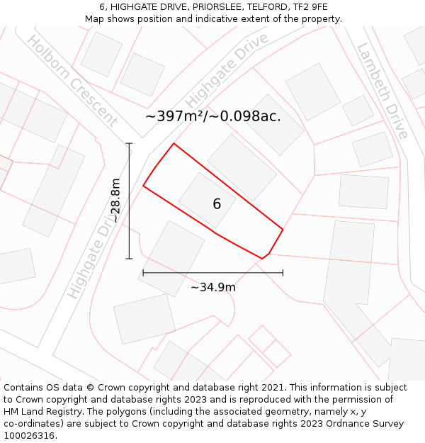 6, HIGHGATE DRIVE, PRIORSLEE, TELFORD, TF2 9FE: Plot and title map