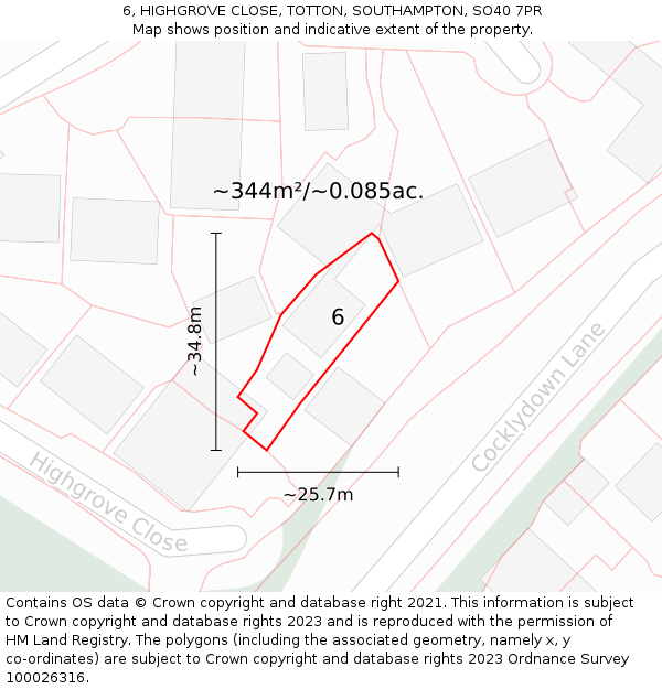 6, HIGHGROVE CLOSE, TOTTON, SOUTHAMPTON, SO40 7PR: Plot and title map