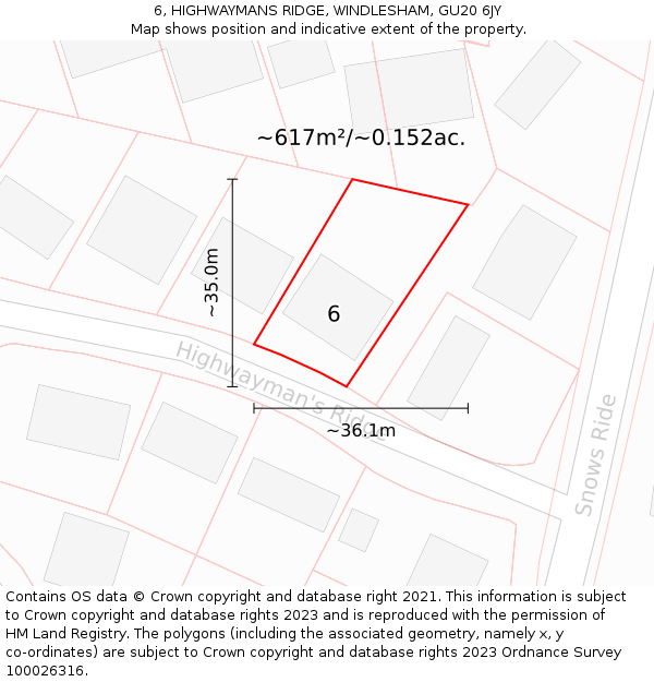 6, HIGHWAYMANS RIDGE, WINDLESHAM, GU20 6JY: Plot and title map