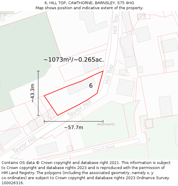 6, HILL TOP, CAWTHORNE, BARNSLEY, S75 4HG: Plot and title map