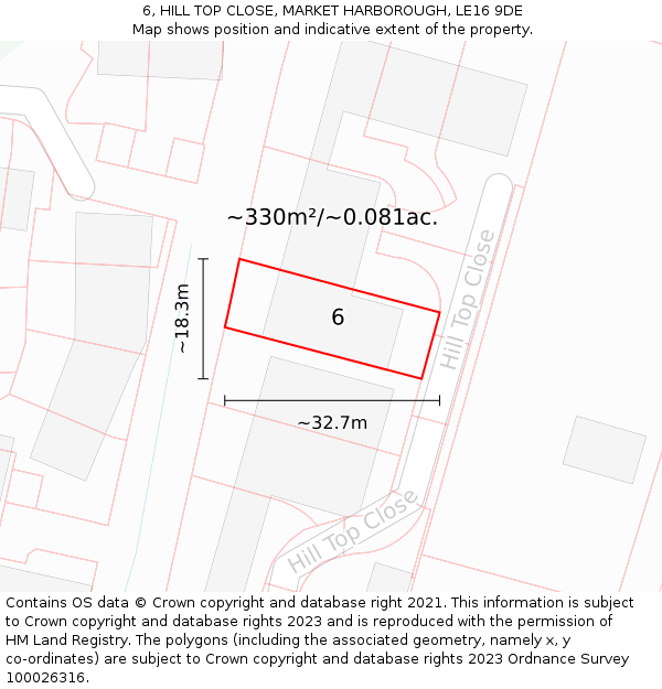 6, HILL TOP CLOSE, MARKET HARBOROUGH, LE16 9DE: Plot and title map