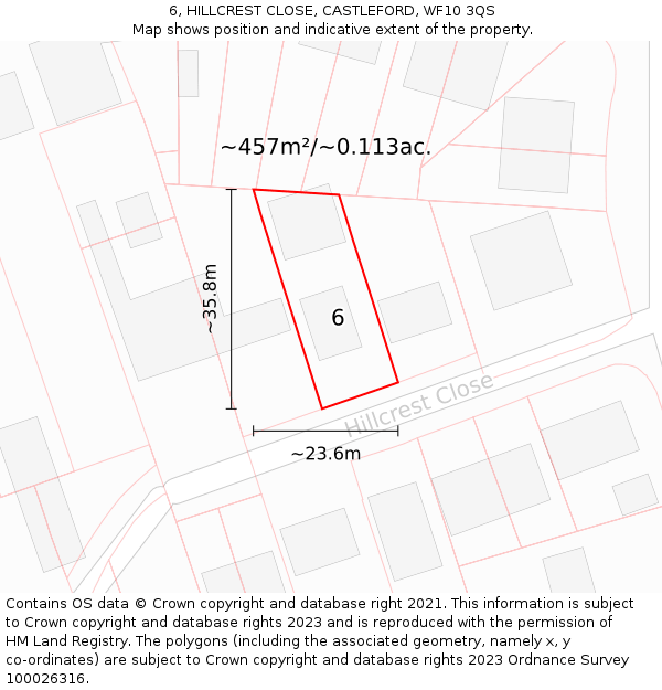 6, HILLCREST CLOSE, CASTLEFORD, WF10 3QS: Plot and title map