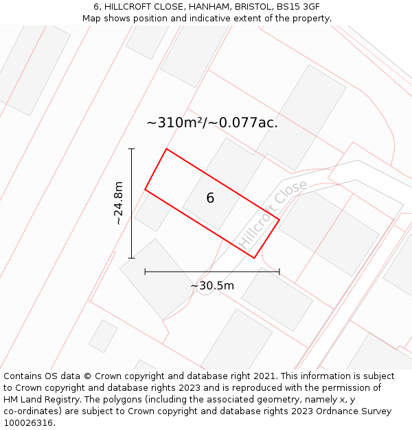 6, HILLCROFT CLOSE, HANHAM, BRISTOL, BS15 3GF: Plot and title map