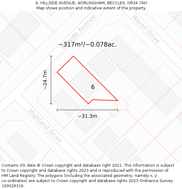 6, HILLSIDE AVENUE, WORLINGHAM, BECCLES, NR34 7AH: Plot and title map