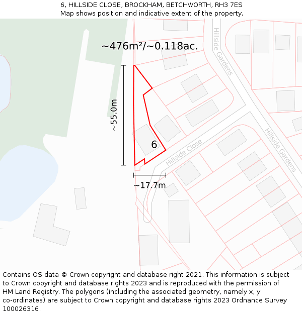 6, HILLSIDE CLOSE, BROCKHAM, BETCHWORTH, RH3 7ES: Plot and title map